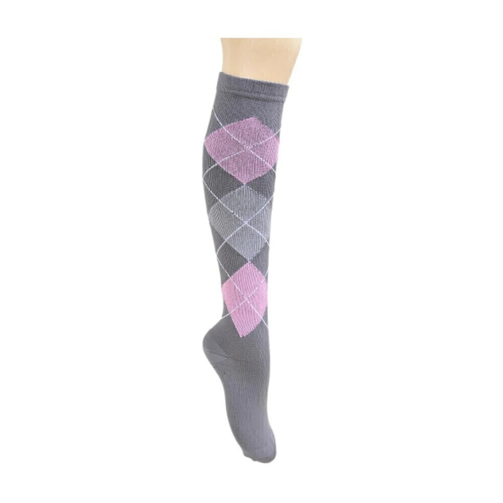 Knee High Socks In Argyle Pattern In Gray and Pink Size S/M